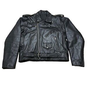 VINTAGE Motorcycle Black Leather Jacket Lined Men's M-L Women's XL, FLAW Sleeve